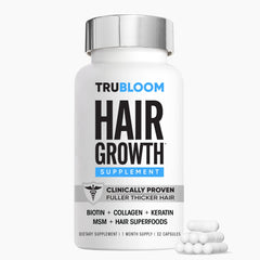 Tru Bloom Hair Growth Vitamins bottle shown for daily hair health and vitality.