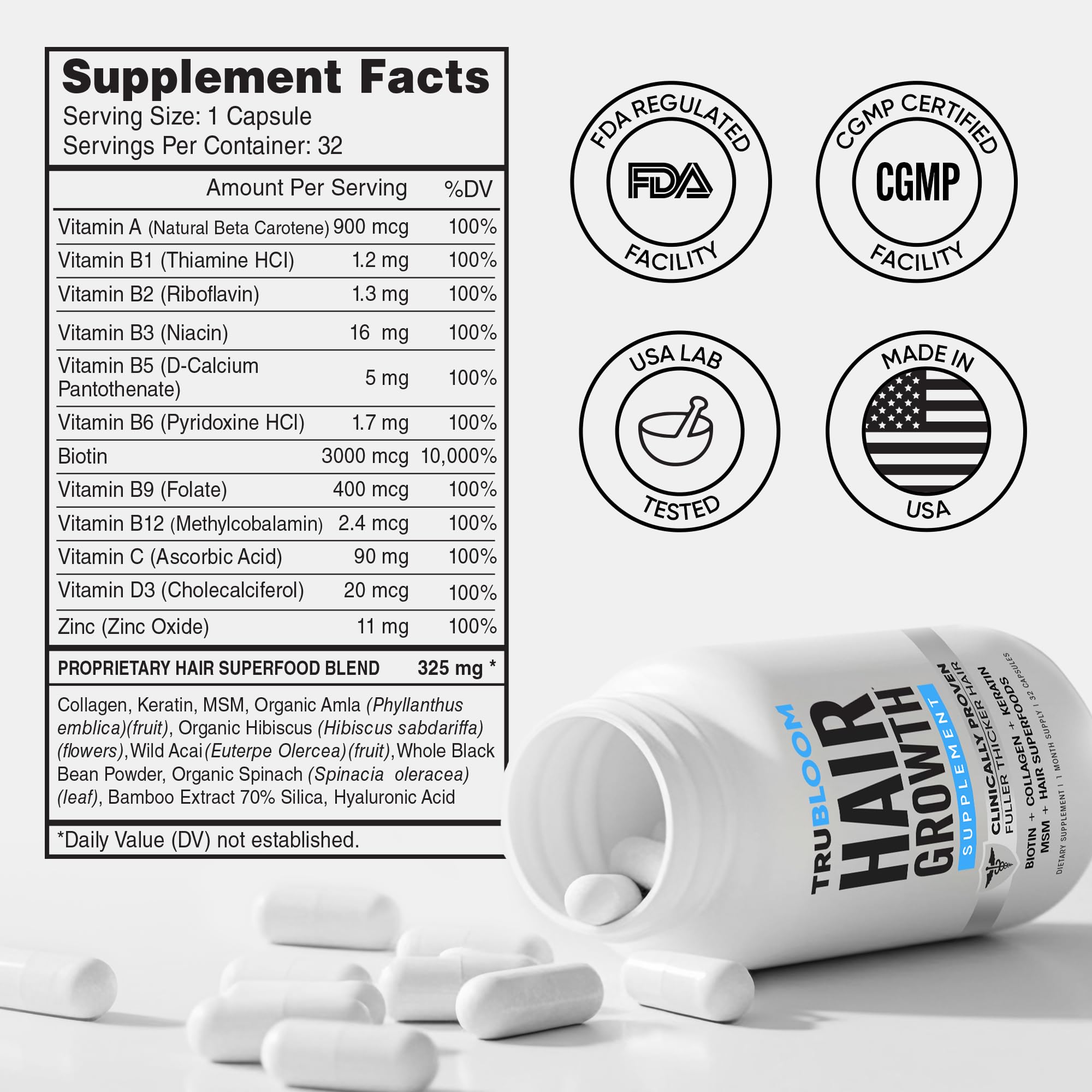 Tru Bloom Hair Growth Vitamins capsule close-up highlights simple daily supplementation.