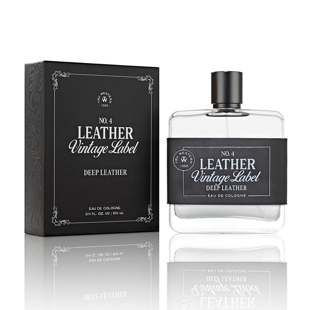 Tru Fragrance Beauty No. 4 Leather bottle front with deep leather notes in focus