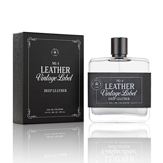 Tru Fragrance Beauty No. 4 Leather bottle front with deep leather notes in focus