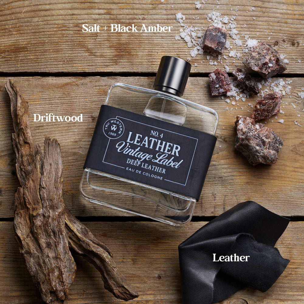 Tru Fragrance Beauty No. 4 Leather label closeup showing vintage typography