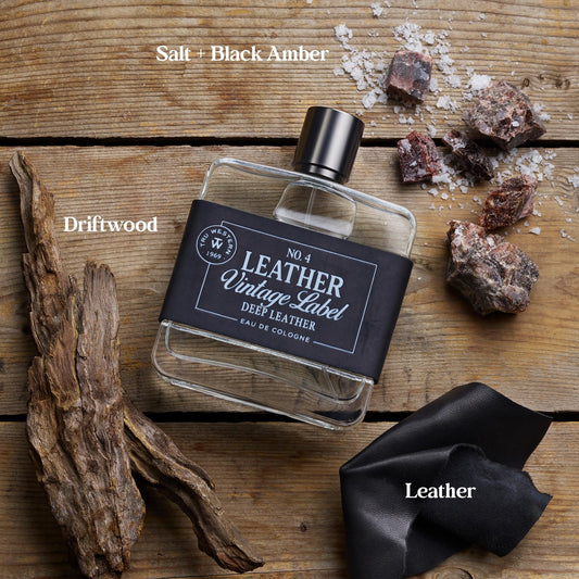 Tru Fragrance Beauty No. 4 Leather label closeup showing vintage typography