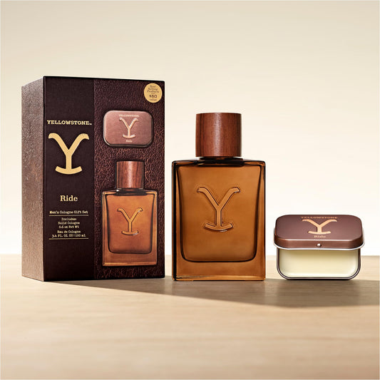 Tru Fragrance Beauty Yellowstone Ride bottle side highlights masculine profile for all-day wear.