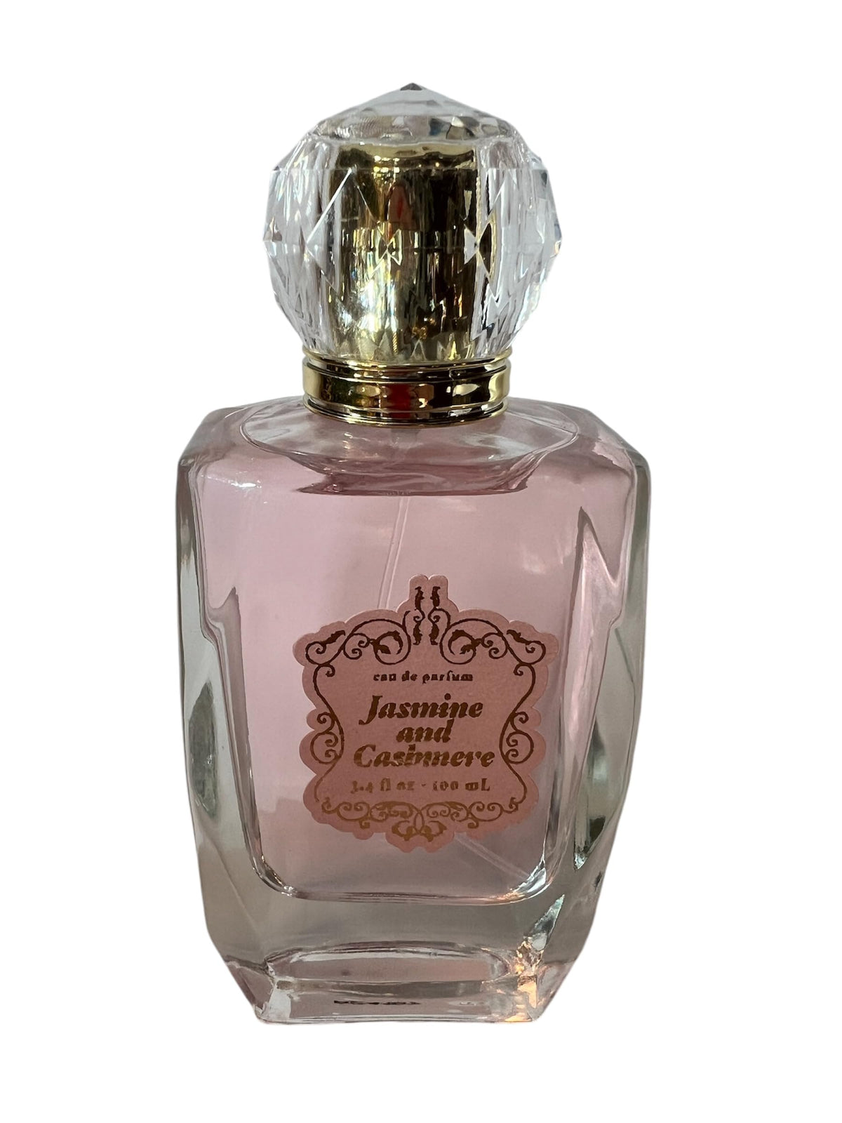 Tru Fragrance Jasmine & Cashmere bottle with crystal top enhances vanity display.