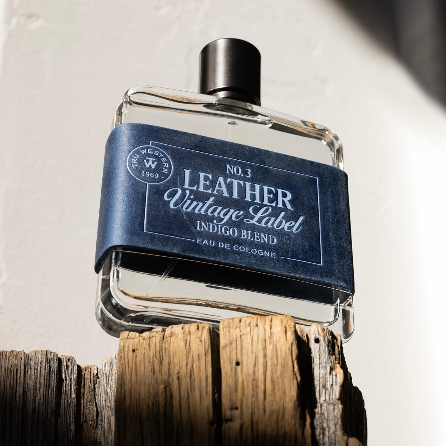 Indigo label close-up on Leather No. 3, emphasizing premium packaging.