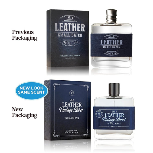 Front view of Leather No. 3 bottle on a clean surface with indigo label.