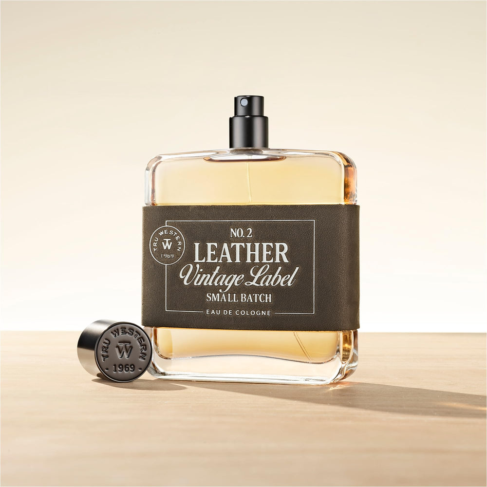 Tru Western Leather No. 2 masculine bottle on shelf, everyday wear.