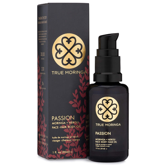 True Moringa Neroli oil bottle close-up for pure skin nourishment.