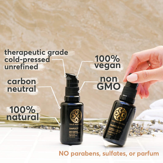 True Moringa Oil close-up texture shows silky, fast-absorbing formula.