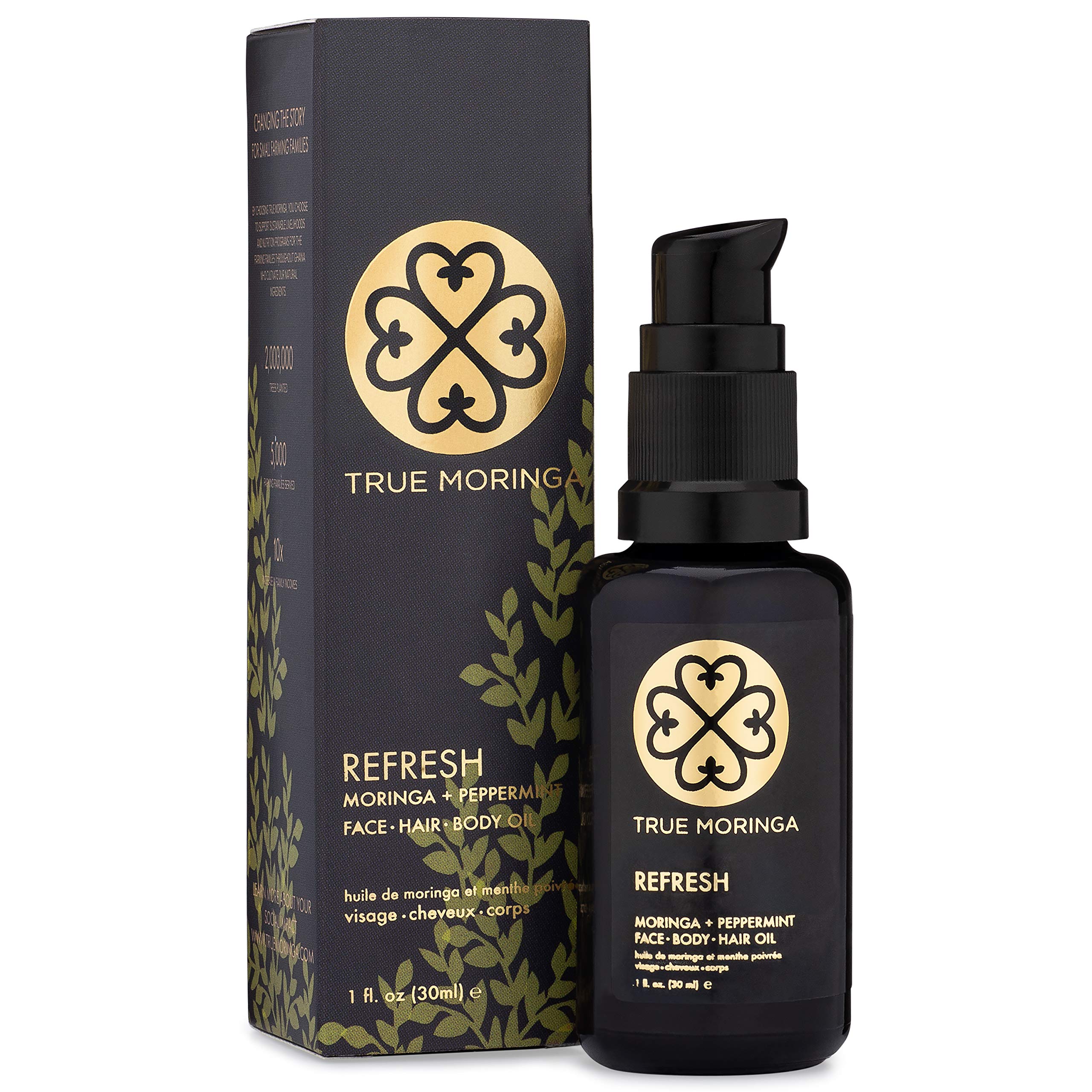 True Moringa Oil face bottle detail showcases purity and premium packaging.