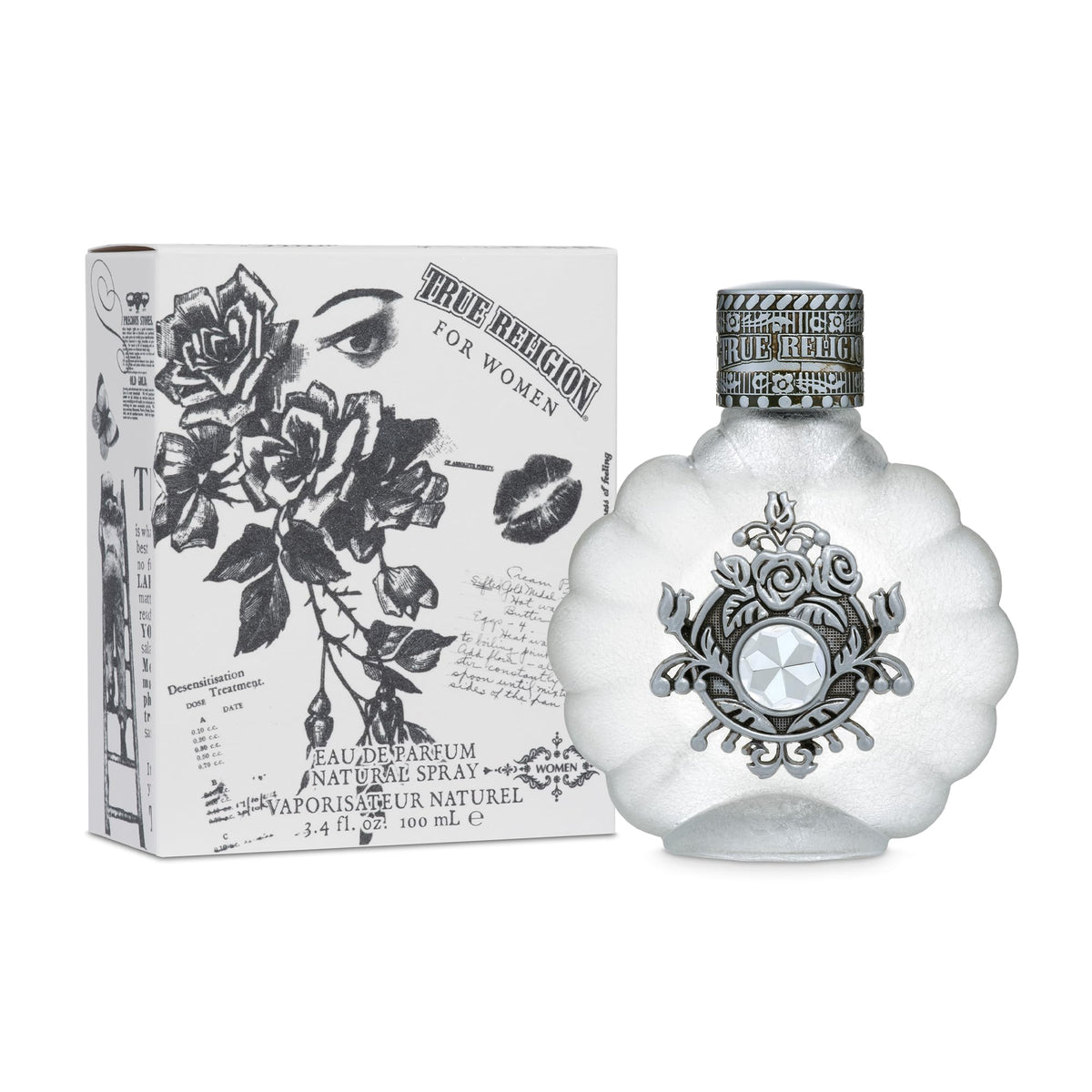 True Religion Eau de Parfum for Women bottle close-up reveals a fruity floral profile.