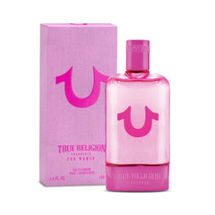 True Religion women's eau de parfum bottle on pink display for everyday luxury.