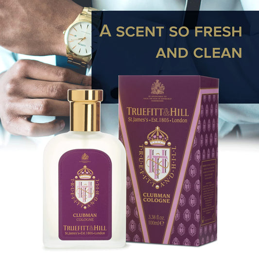 Truefitt & Hill Clubman label detail for a timeless grooming look.