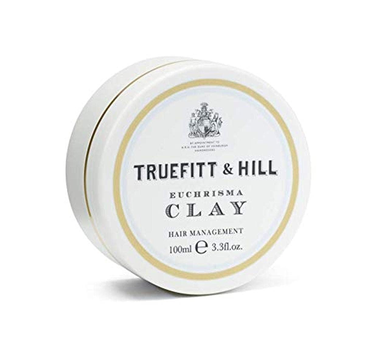 Truefitt & Hill Euchrisma Clay packaging on a vanity for premium grooming.