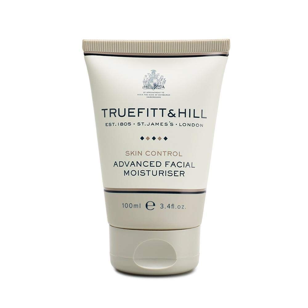 Truefitt & Hill Skin Control bottle closeup for daily grooming.