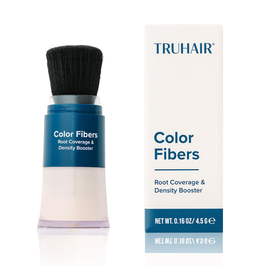 Truhair Color Fibers root coverage compact demonstrates seamless gray-root blending for a natural look