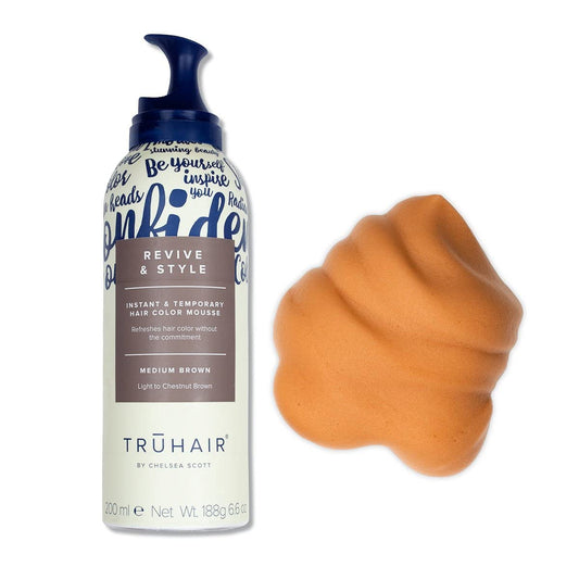 Truhair Revive and Style color mousse packaging showcases premium Italian formula for convenient color enhancement.