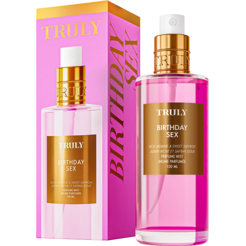 Truly Birthday Sex Perfume Mist bottle close-up highlighting spicy florals for confident moments.