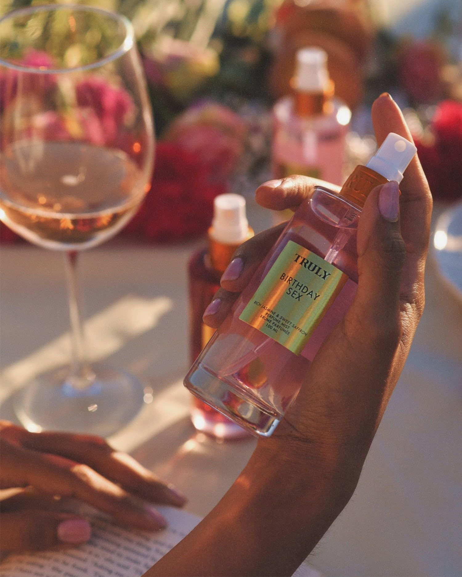 Truly Birthday Sex Perfume Mist notes visual highlighting jasmine and saffron pairing.