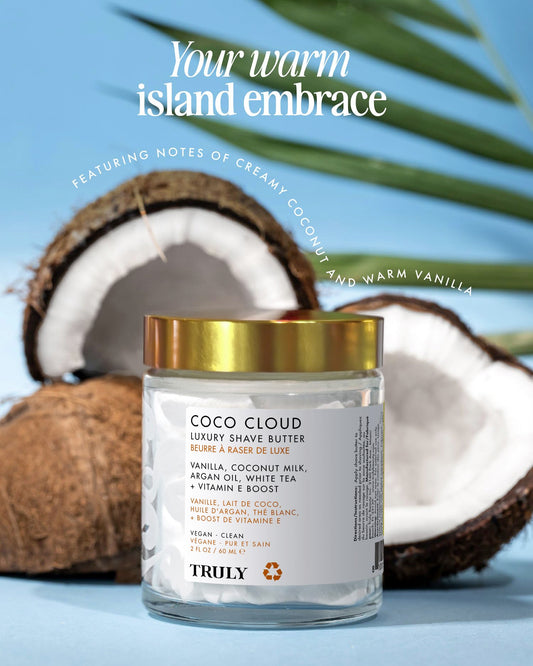 Truly Coco Cloud whipped butter closeup highlights creamy texture for easy spreading.