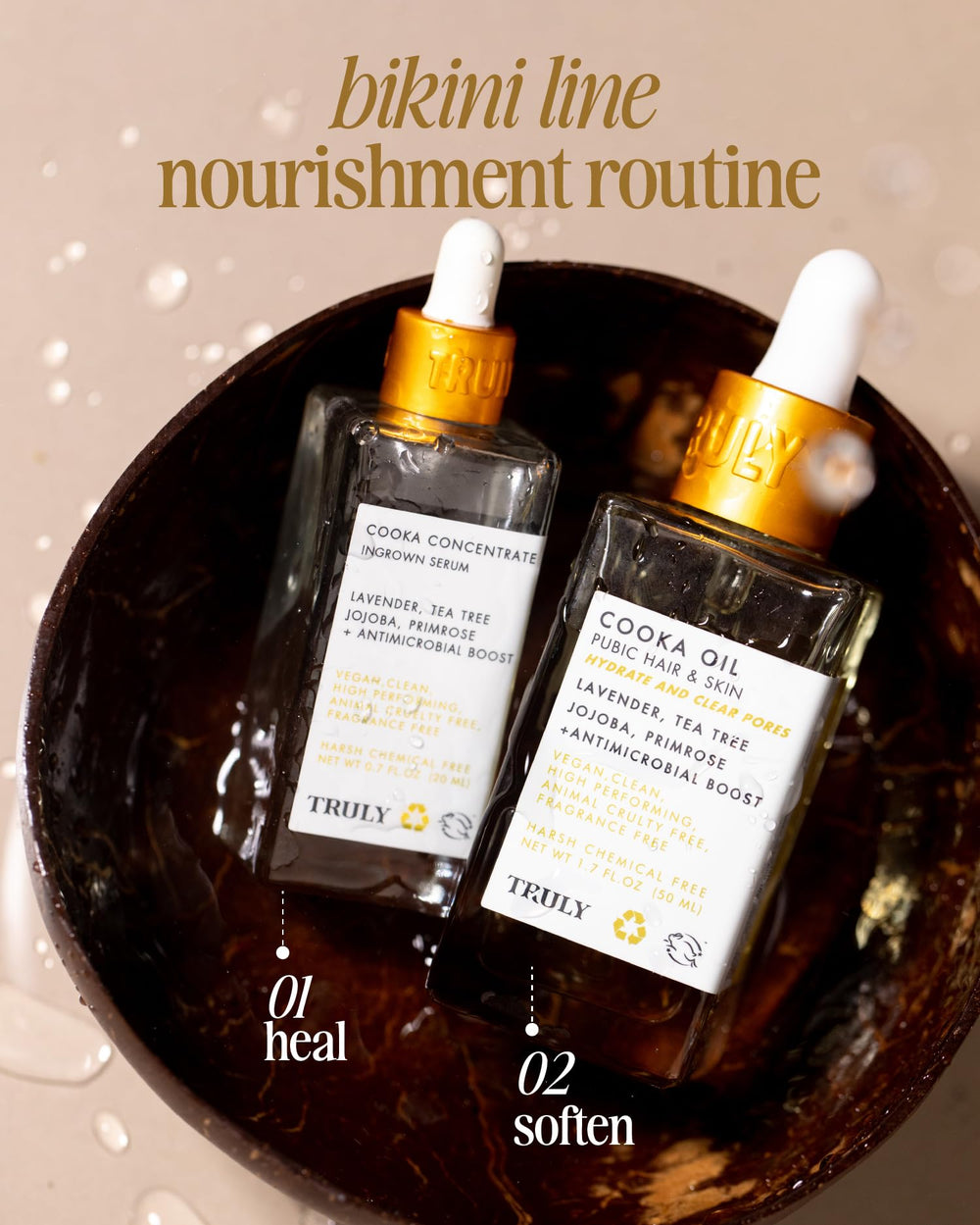 Truly Cooka Concentrate ingredients panel highlighting jojoba, lavender, and tea tree oils.
