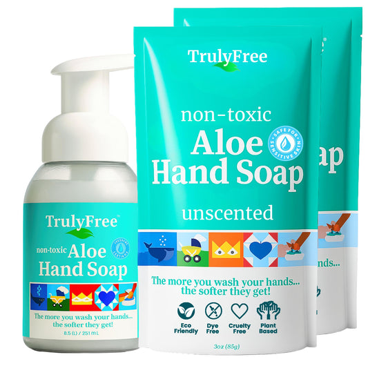 Truly Free Aloe Hand Soap with dispenser promotes gentle, everyday cleansing.