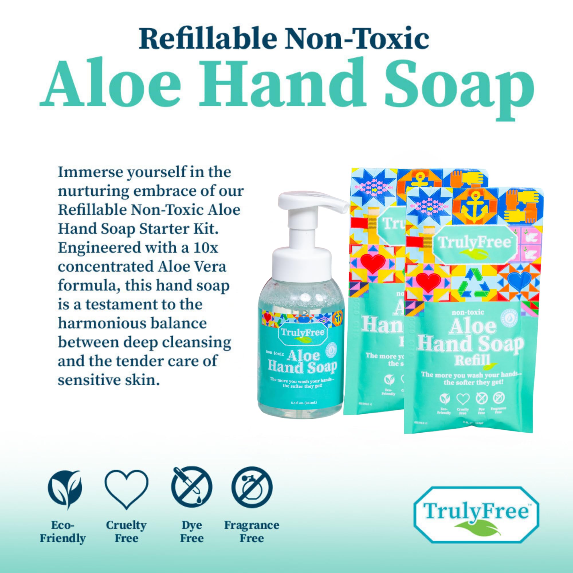 Truly Free Aloe Hand Soap eco-friendly packaging emphasizing reduced plastic waste at home.