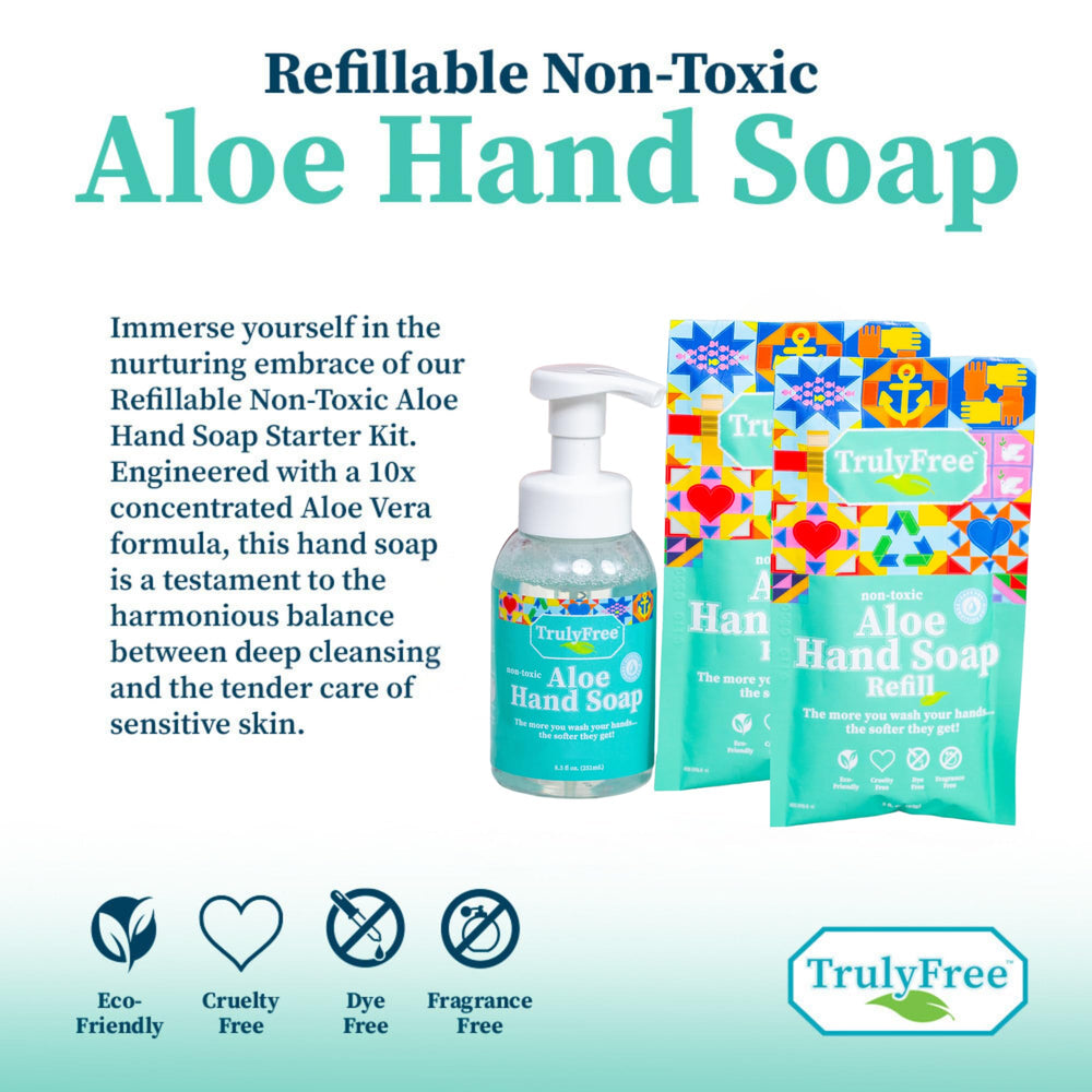 Truly Free Aloe Hand Soap eco-friendly packaging emphasizing reduced plastic waste at home.
