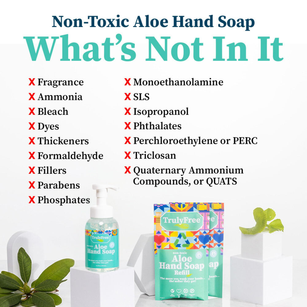 Truly Free Aloe Hand Soap in an office setting for quick cleanups.