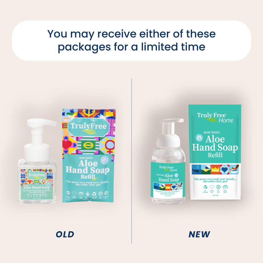 Truly Free Aloe Hand Soap refill pouch demonstrates sustainable, low-waste refill option.
