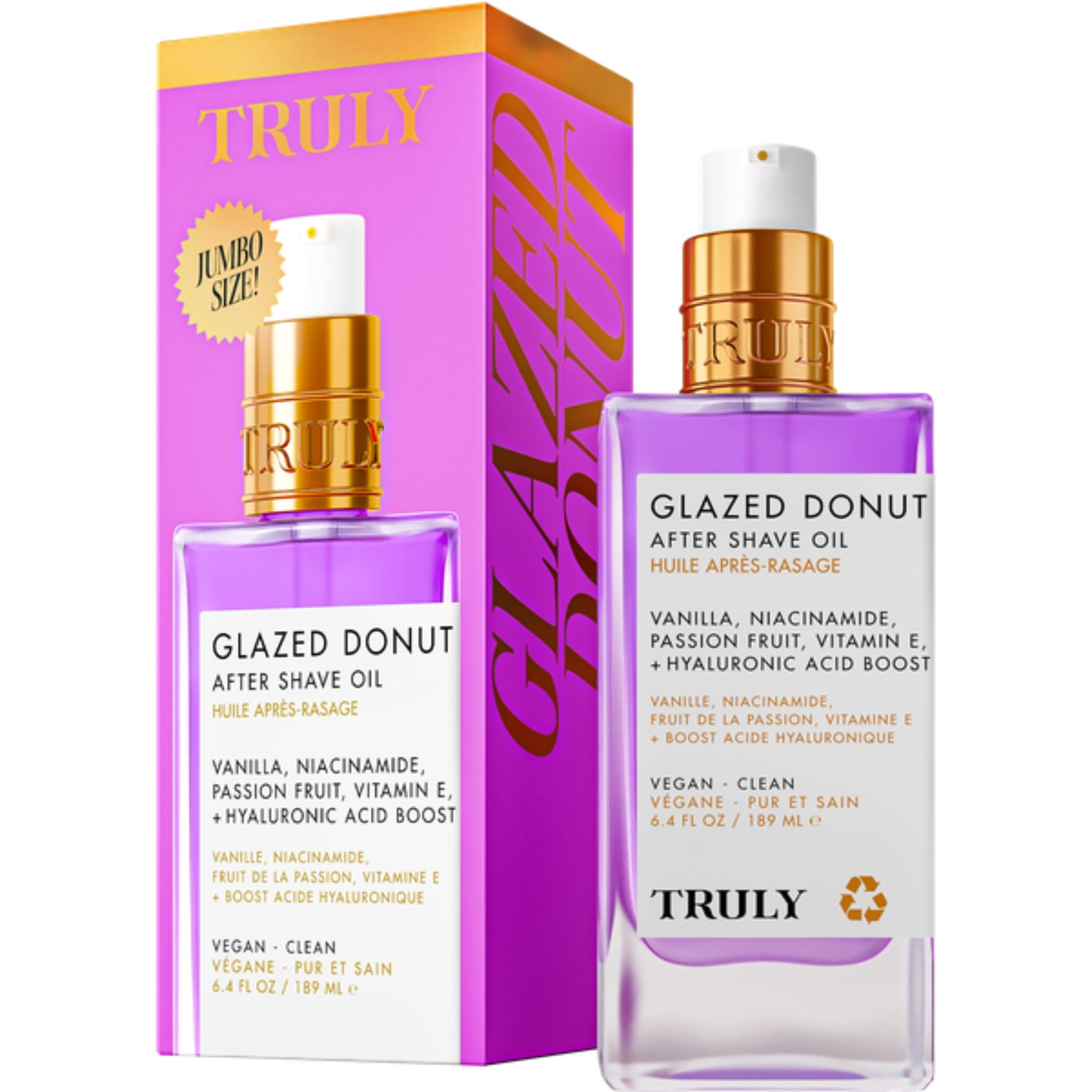 Truly Glazed Donut After Shave Oil Jumbo bottle glistening with cooling hydration.