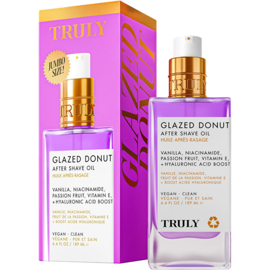 Truly Glazed Donut After Shave Oil Jumbo bottle glistening with cooling hydration.