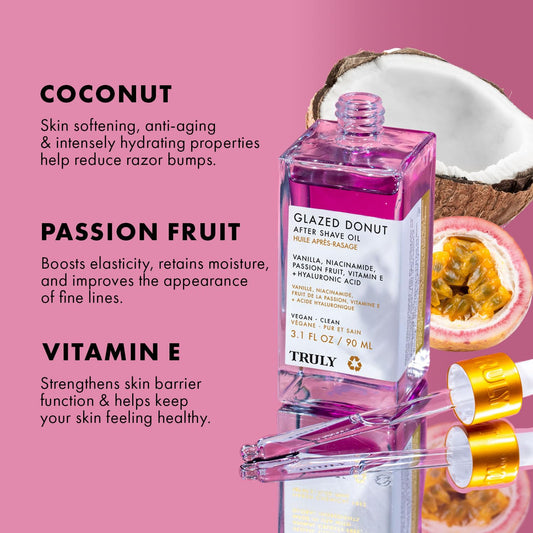 Truly Glazed Donut After Shave Oil Jumbo label highlights premium skincare.