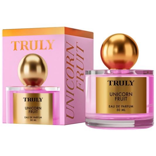 Truly Unicorn Fruit EDP bottle showcasing cotton candy and vanilla notes for lasting sweetness.