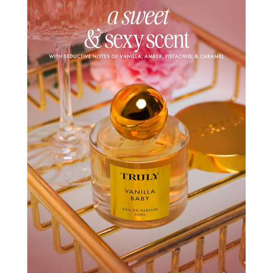 Truly Vanilla Baby EDP bottle label close-up highlighting creamy vanilla notes