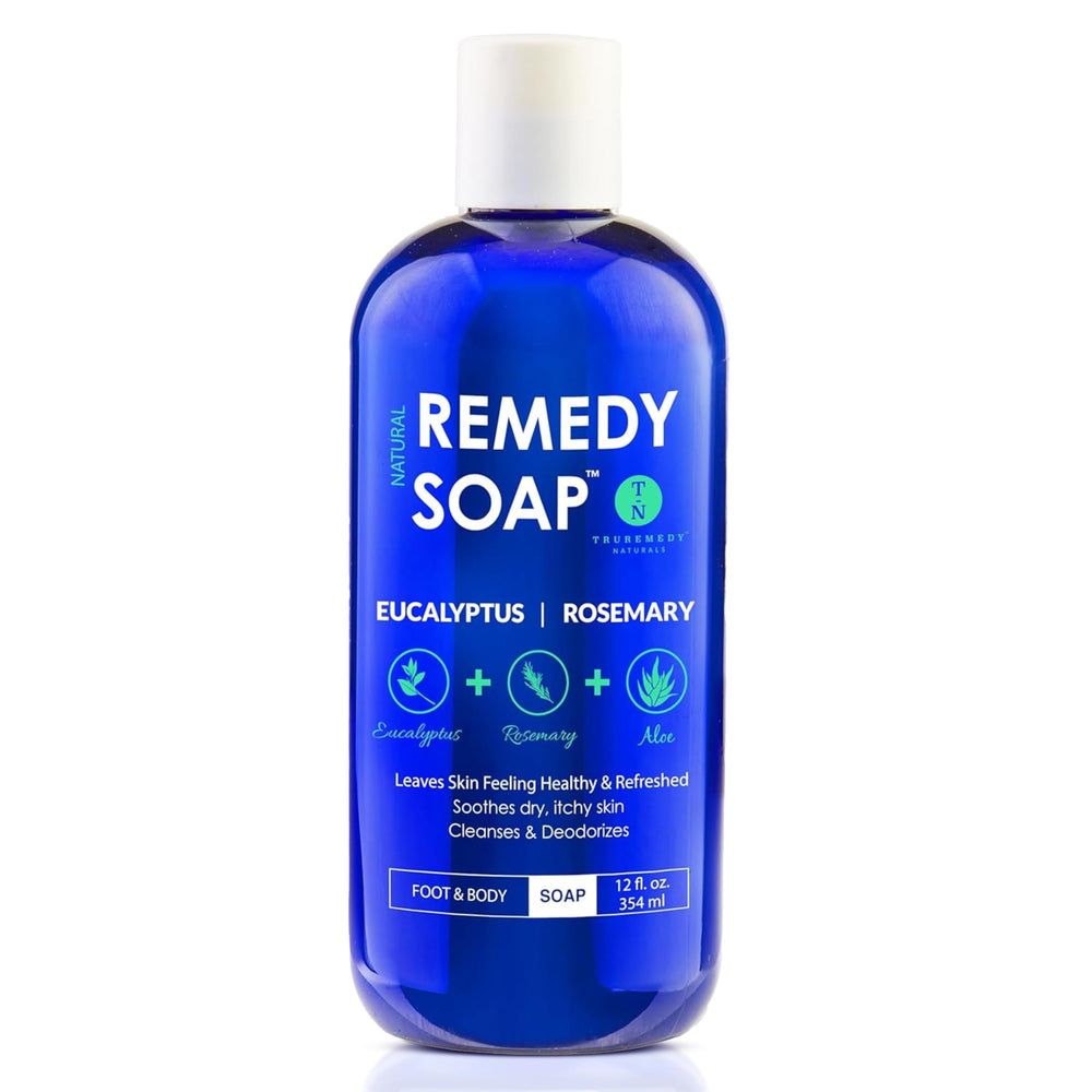Truremedy Naturals eucalyptus rosemary body wash bottle offers soothing cleansing.