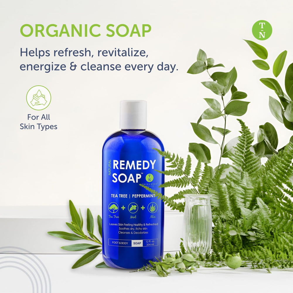 Truremedy Naturals Tea Tree Body Wash bottle highlights a cooling, moisturizing sensation