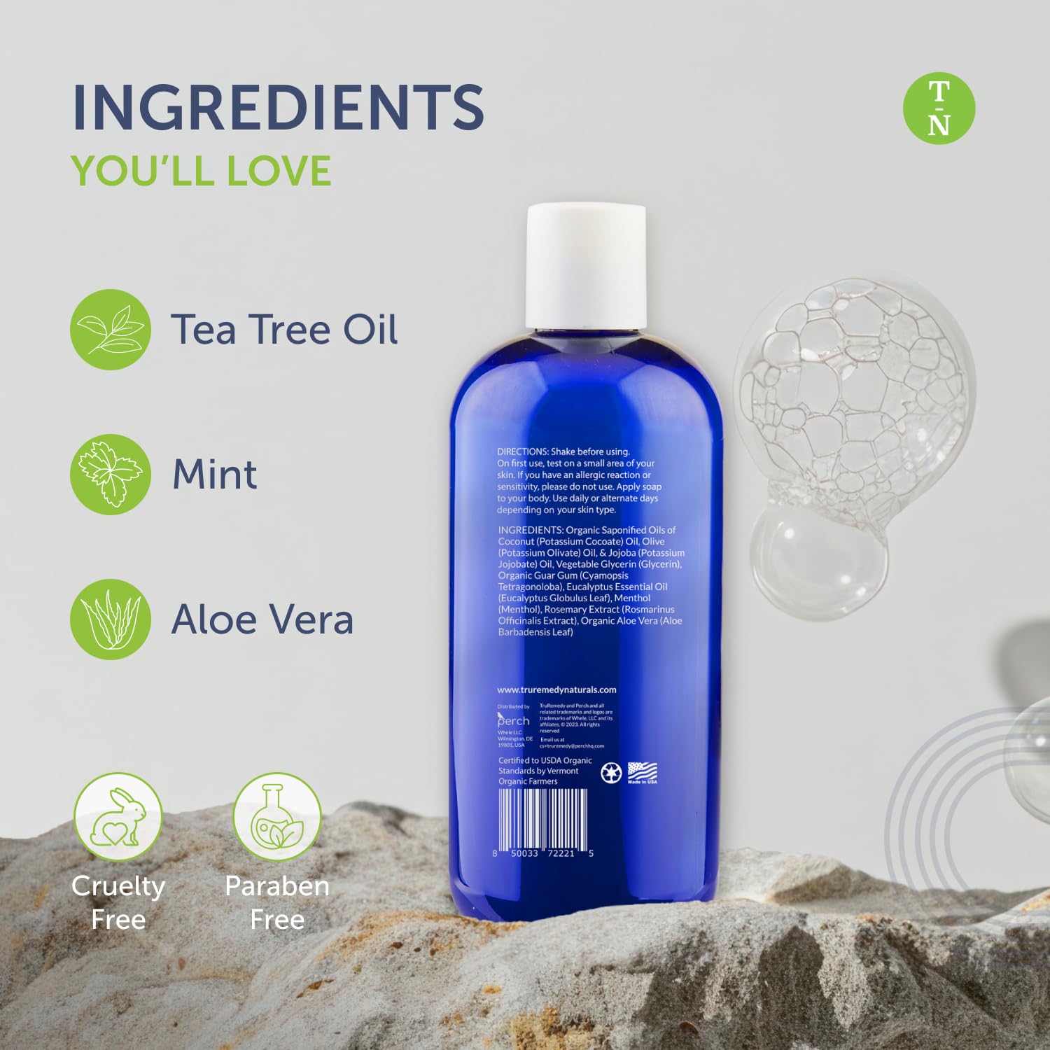 Truremedy Naturals Tea Tree Body Wash ingredients visual highlights aloe and peppermint