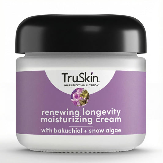 TruSkin Longevity moisturizer bottle close-up showing premium packaging and soothing hydration.