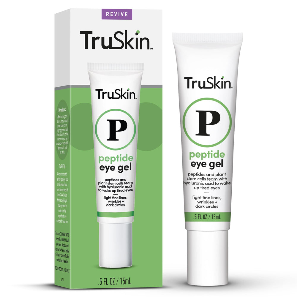TruSkin Peptide Eye Gel jar close-up highlighting brightening and hydration benefits.