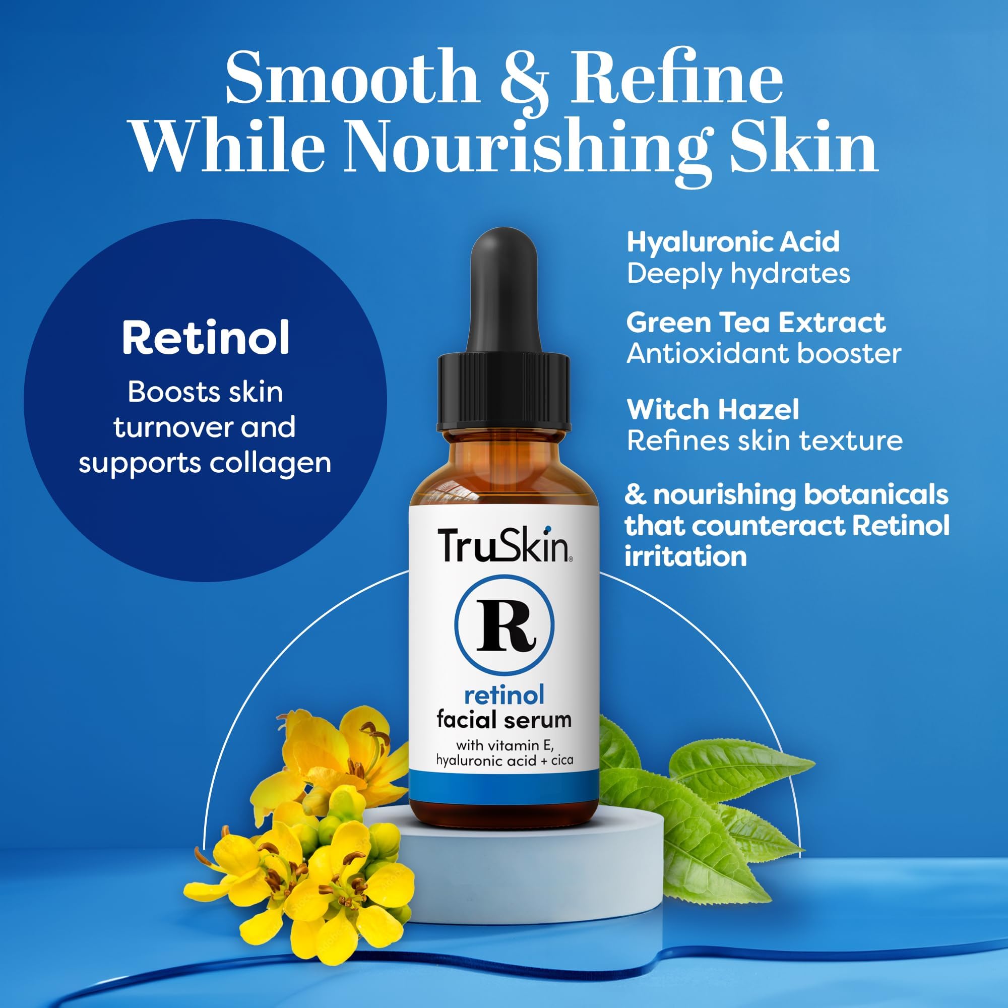 TruSkin Retinol Serum box and label indicate a clean, dermatologist-tested formula.