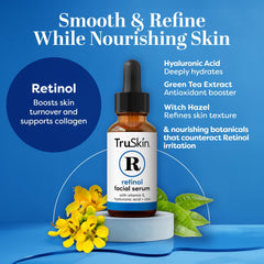 TruSkin Retinol Serum box and label indicate a clean, dermatologist-tested formula.