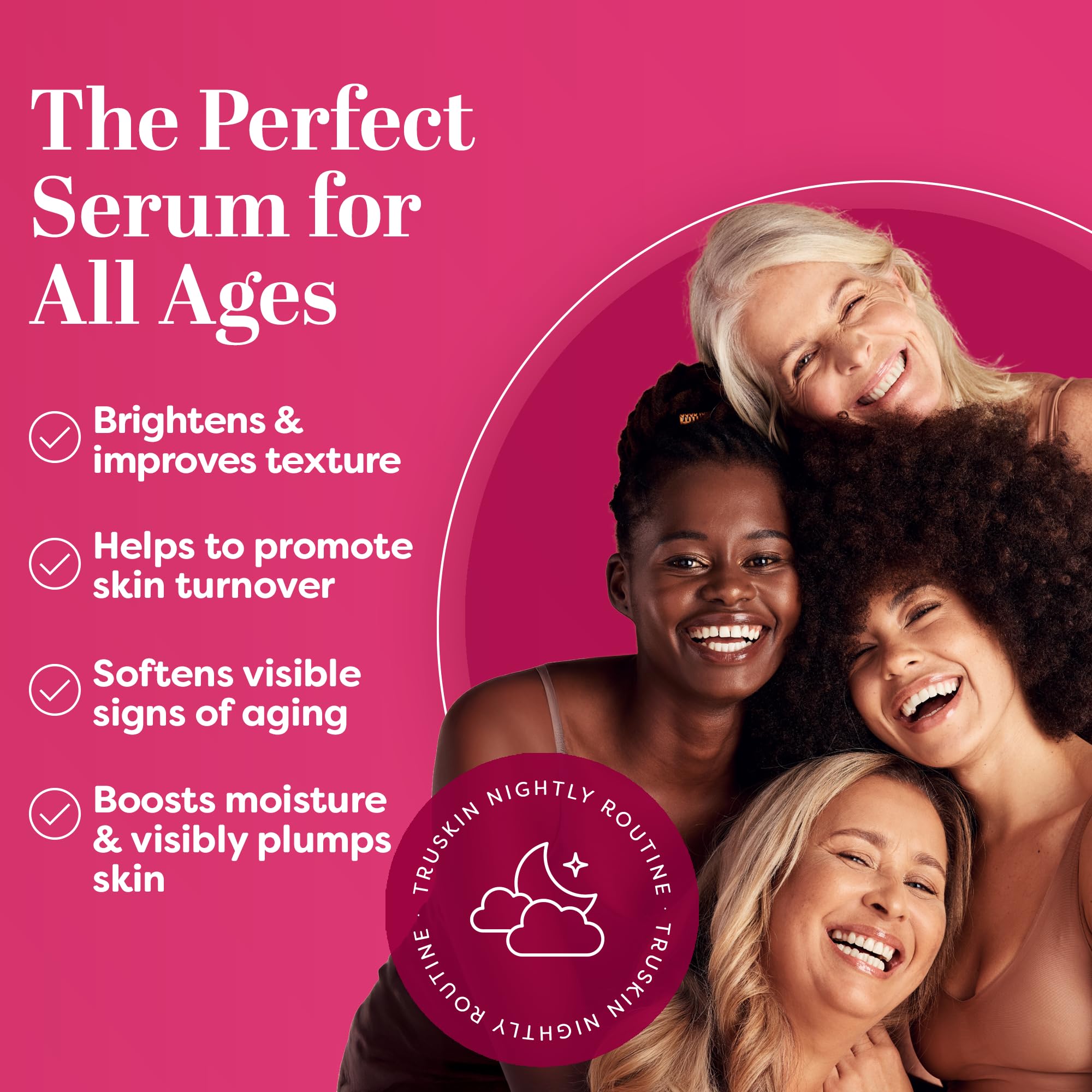 TruSkin serum ingredient panel highlighting Niacinamide and Hyaluronic Acid