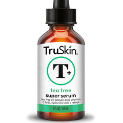 TruSkin Tea Tree Oil Serum bottle with pump for precise application and control.