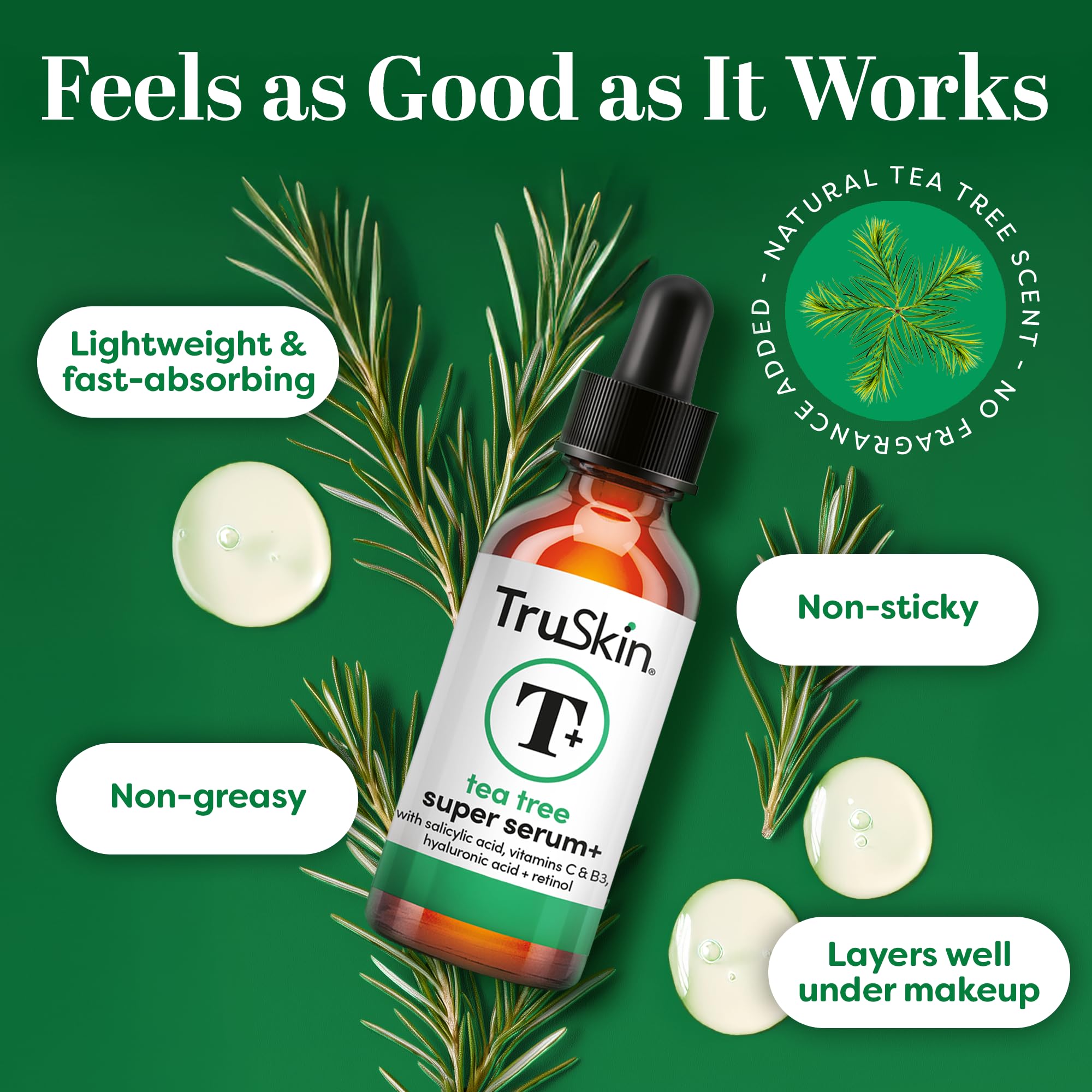 Fragrance-free TruSkin Tea Tree Serum label highlighting gentle, dermatologist-tested formula.