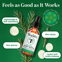 Fragrance-free TruSkin Tea Tree Serum label highlighting gentle, dermatologist-tested formula.