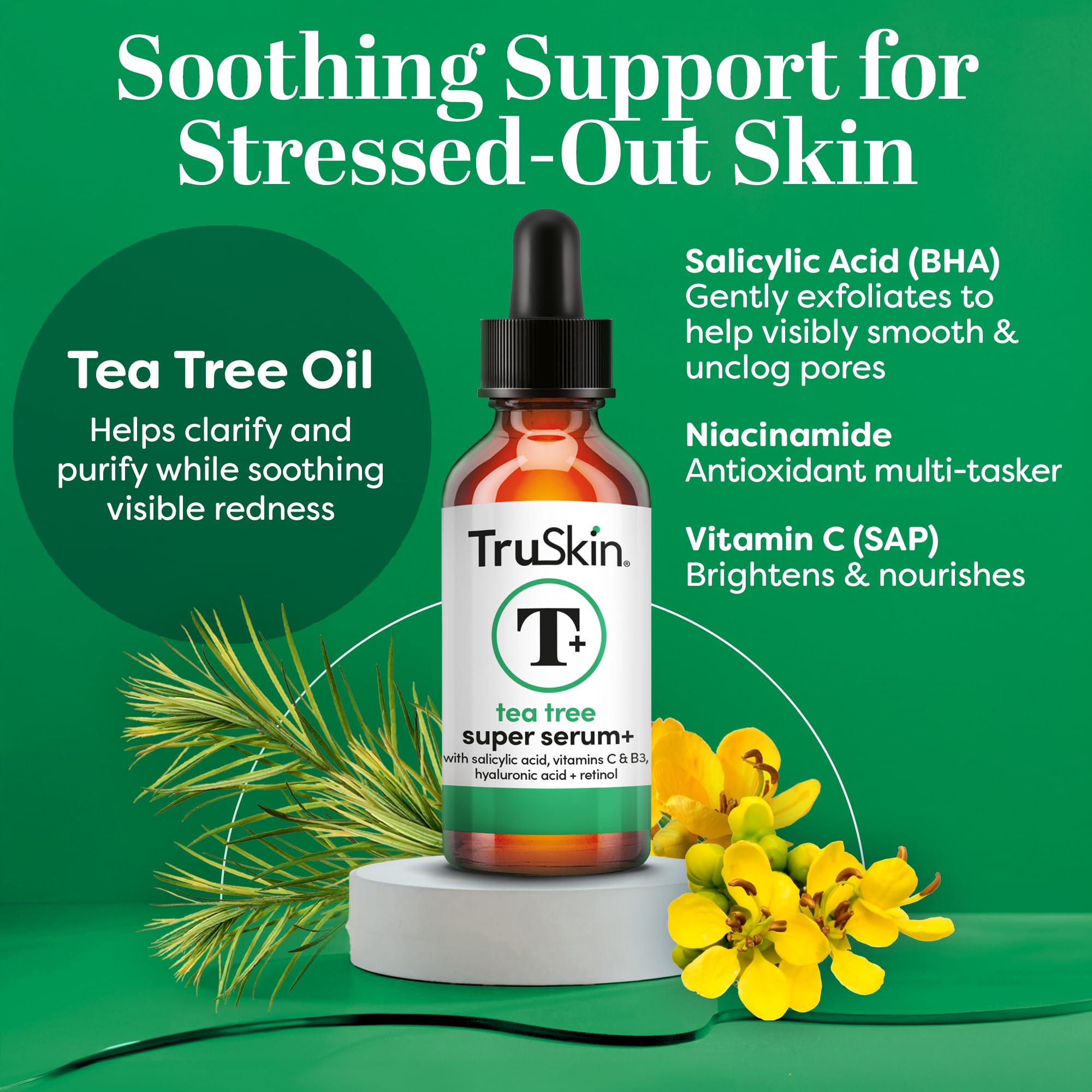 Close-up of TruSkin serum droplets on clean skin showing quick absorption for a smooth routine.