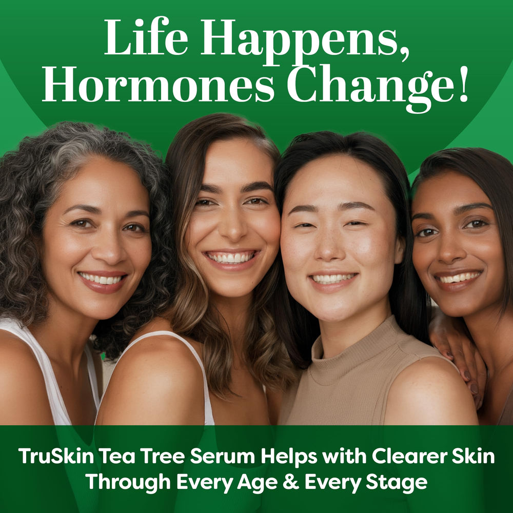TruSkin Tea Tree Oil Serum bottle next to notes about fragrance-free, unscented formula.