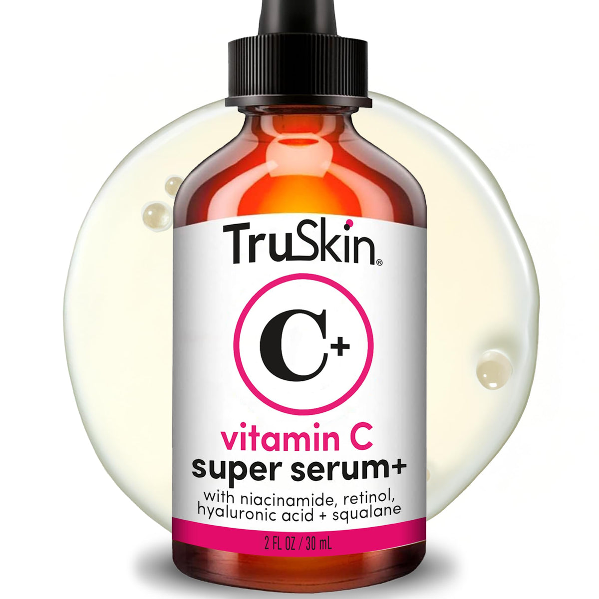 TruSkin Vitamin C Super Serum bottle pour demonstrates easy application and quick absorption