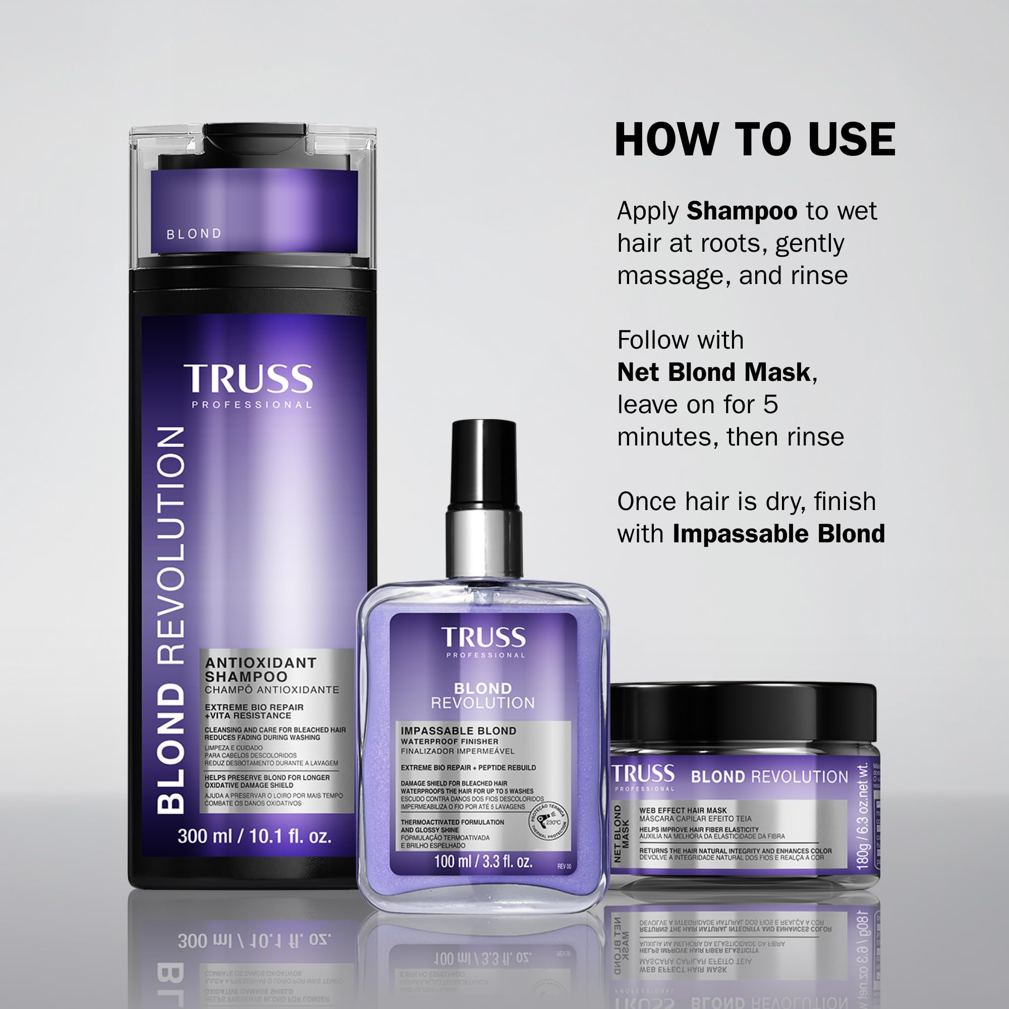 TRUSS Blond Revolution frizz-control smooths strands for a polished look.